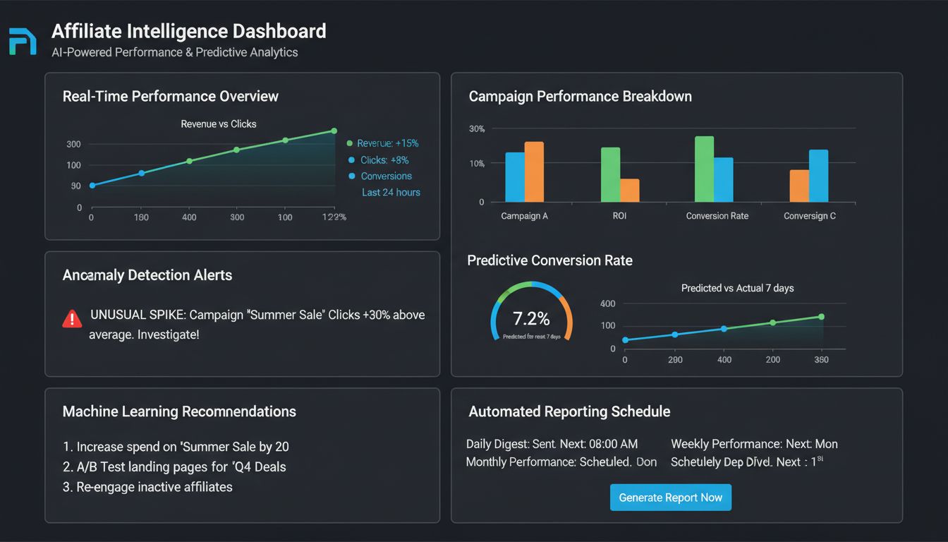 Tableau de bord analytique propulsé par l'IA affichant des métriques de performance en temps réel, des alertes de détection d'anomalies et des graphiques d'analyse prédictive pour le marketing d'affiliation