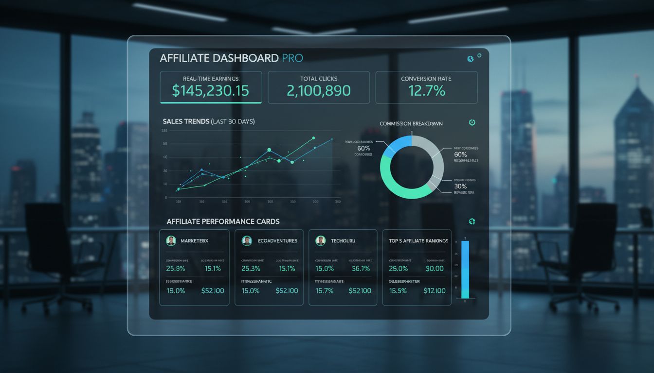 Tableau de bord d’un logiciel de marketing d’affiliation affichant des métriques de suivi en temps réel, des calculs de commission et des analyses de performance avec des cartes de performance d’affiliés montrant les taux de conversion et les gains