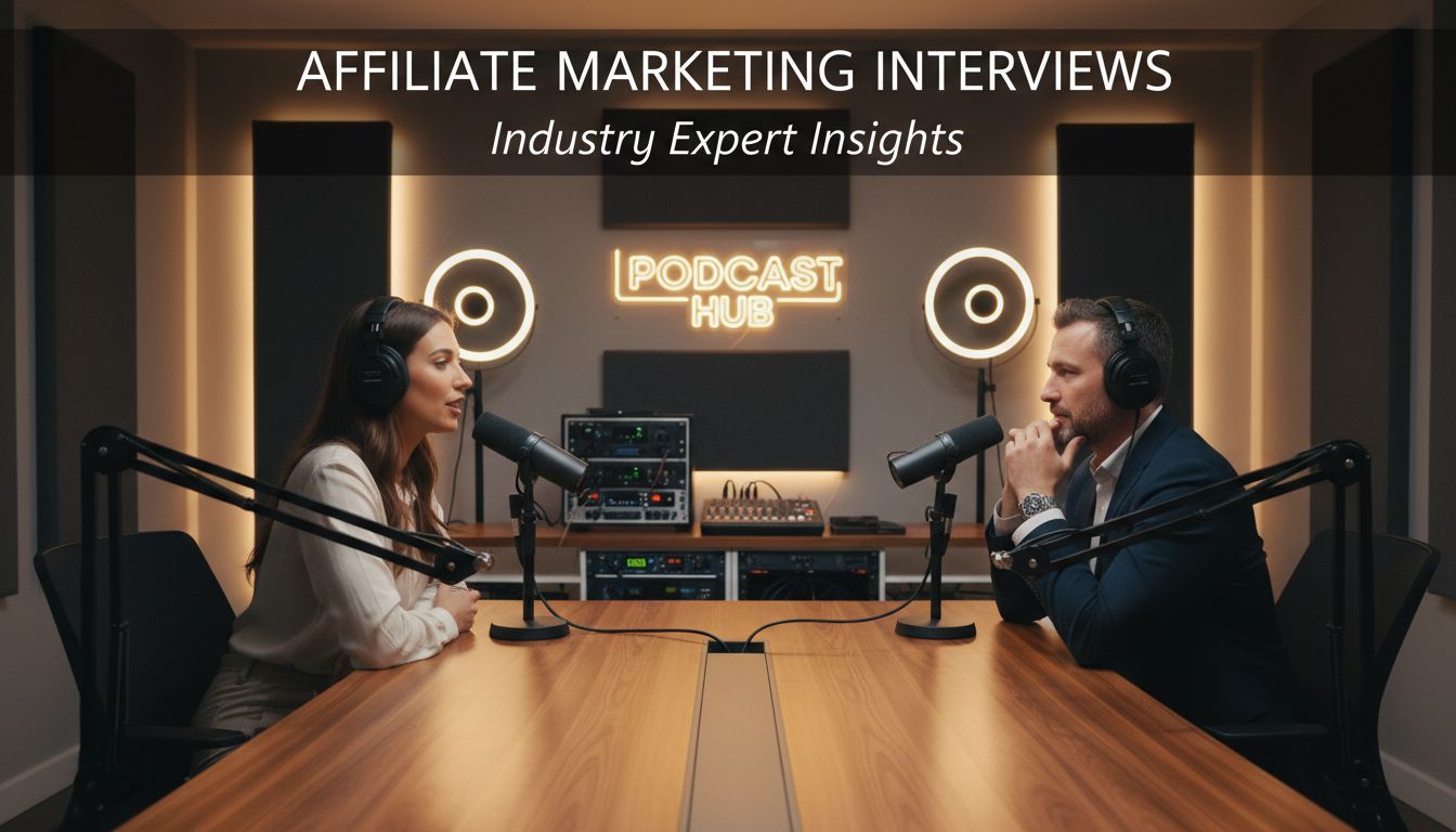 Configuration professionnelle d'interview podcast avec des experts en marketing d'affiliation discutant de stratégies et d'idées