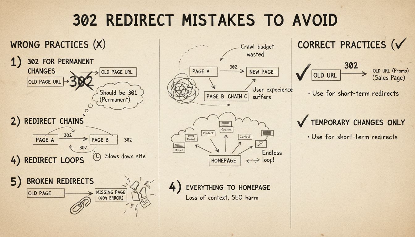 Schéma technique illustrant les erreurs à éviter avec les redirections 302, notamment les chaînes de redirection, les boucles et les usages inappropriés