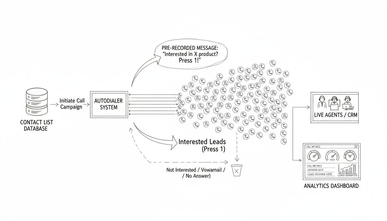 Schéma du flux de diffusion vocale montrant la liste de contacts, le système de numérotation automatique, la distribution des messages, le routage des réponses et le tableau de bord analytique