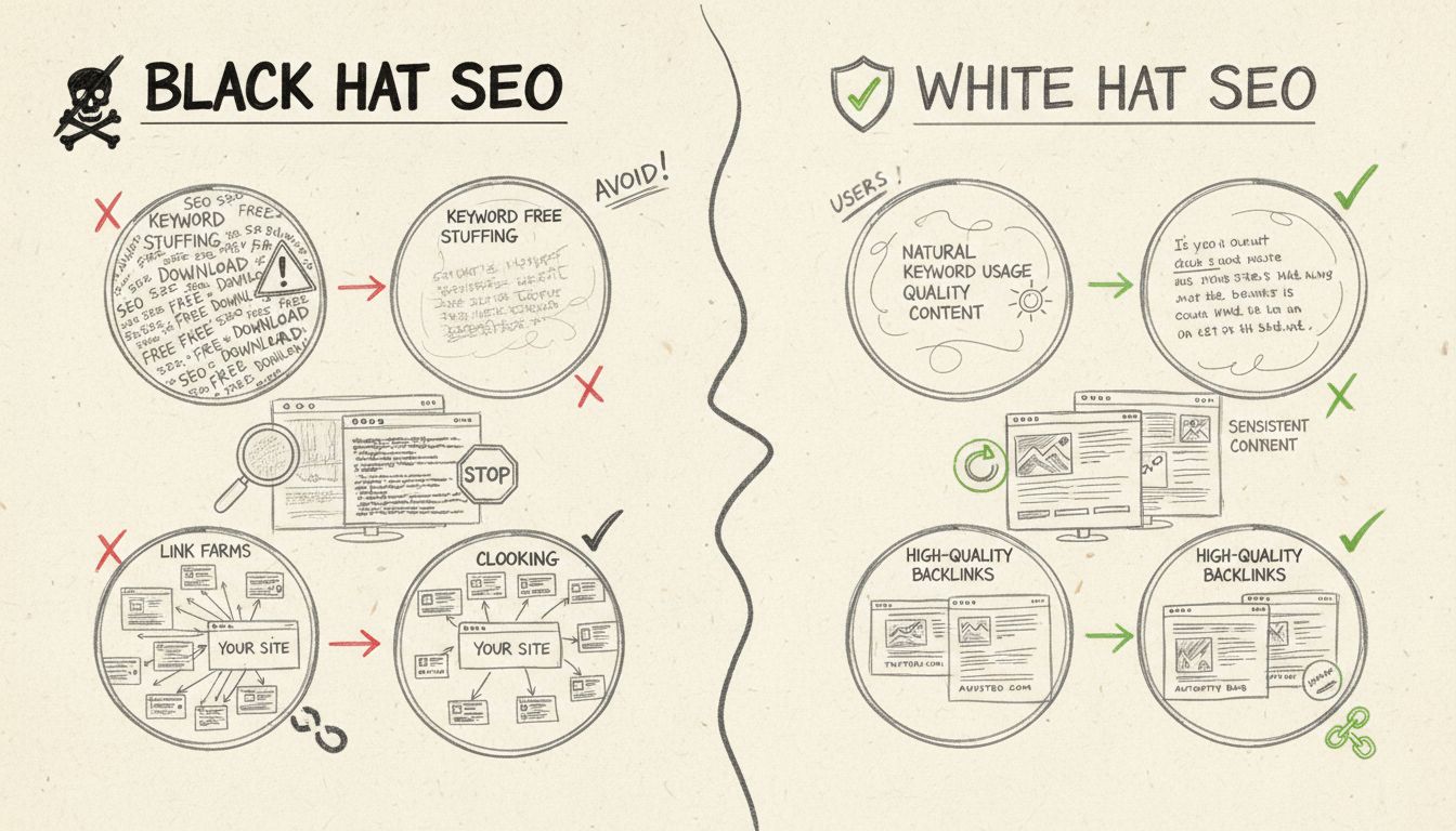 Comparatif des techniques SEO black hat et white hat montrant à gauche les méthodes interdites et à droite les alternatives éthiques