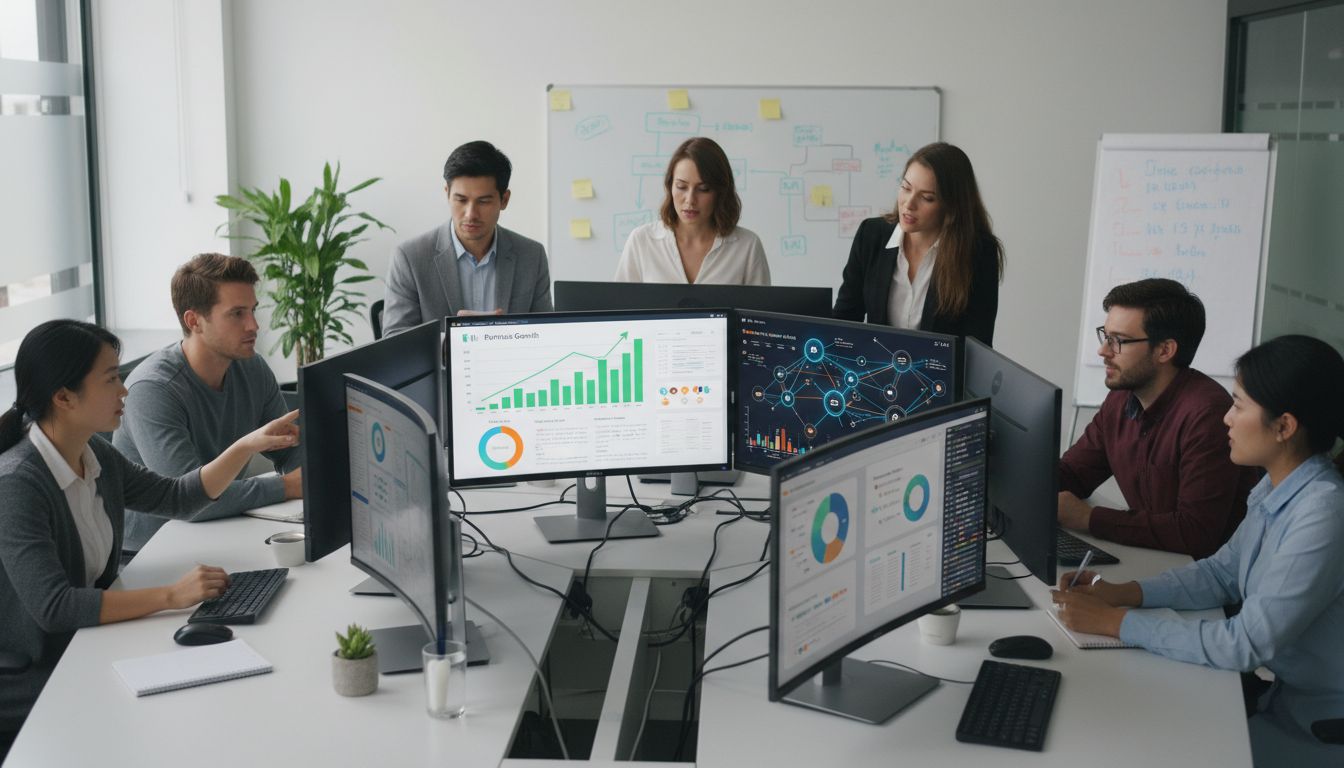 Équipe de startup tech collaborant sur une stratégie de marketing d'affiliation avec un tableau de bord affichant les métriques et la visualisation du réseau de partenaires