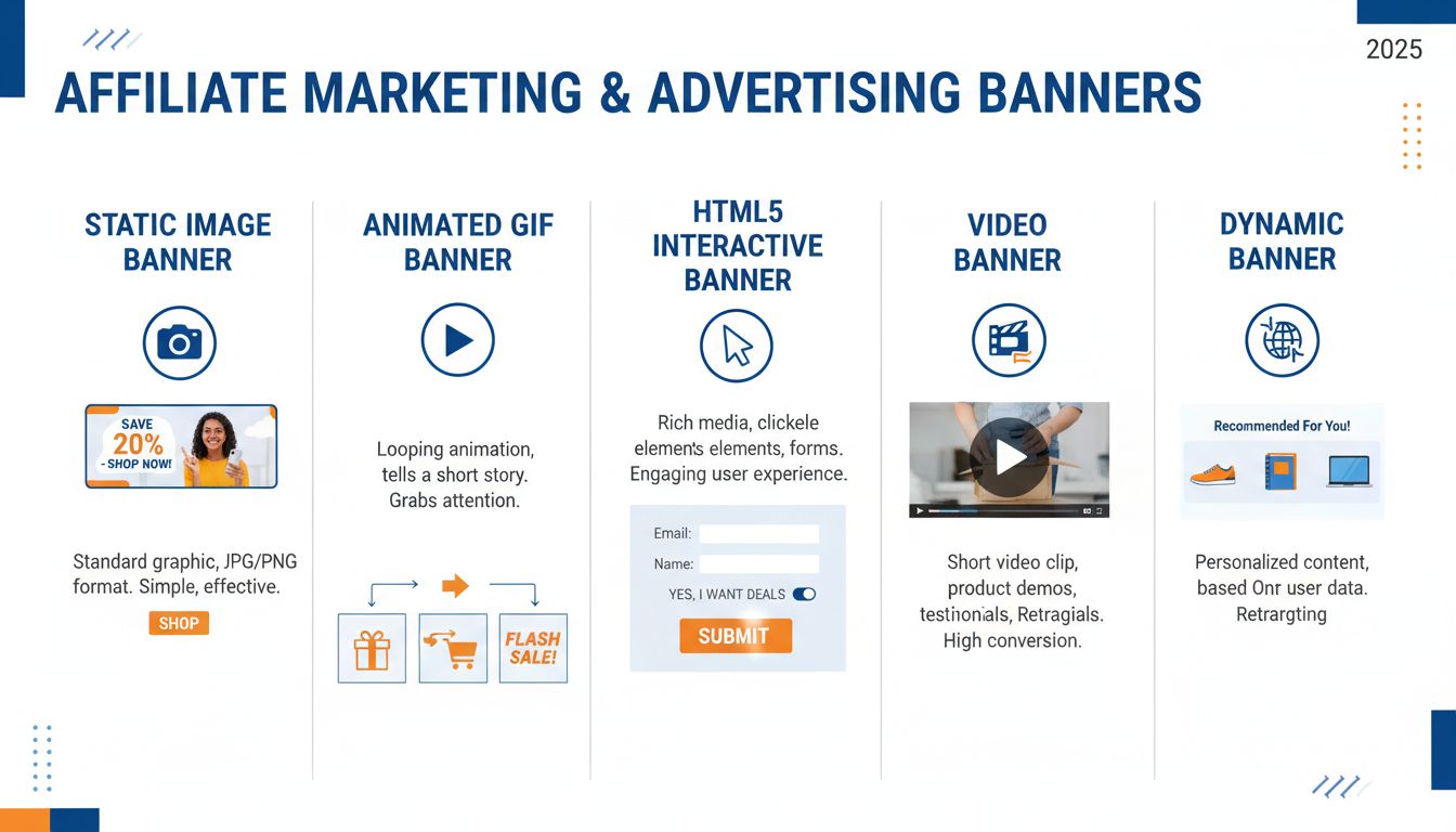 Différents types de bannières pour le marketing d'affiliation dont les bannières statiques, GIF animés, HTML5, vidéo et dynamiques
