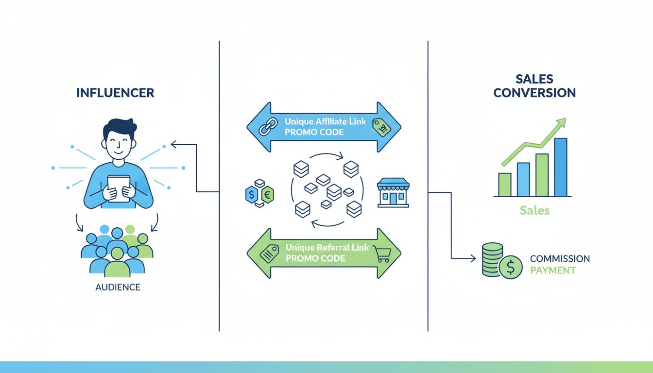 Diagramme du flux d'un partenariat d'affiliation avec influenceur montrant les liens uniques, l'engagement de l'audience et la structure de commission