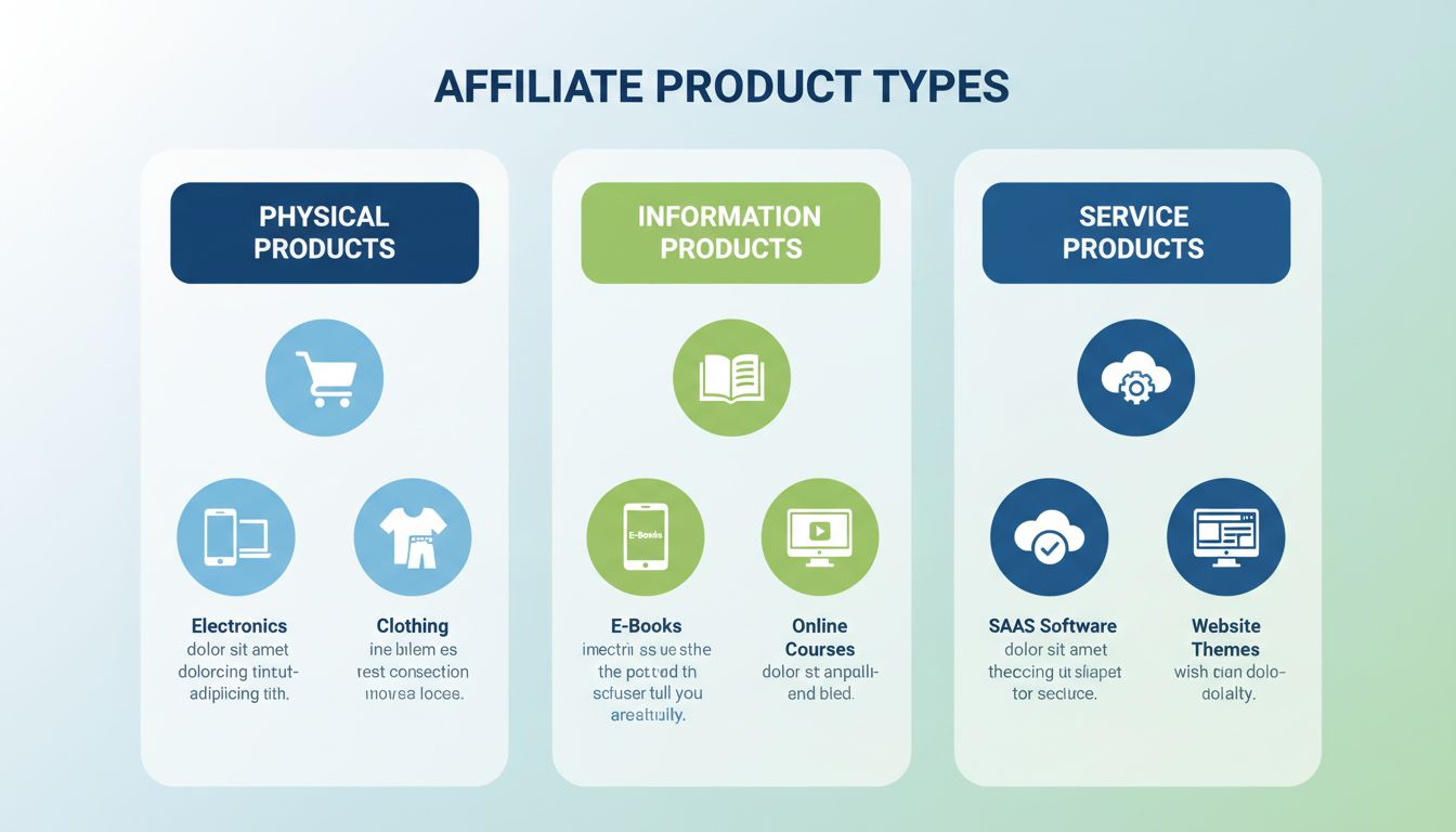 Infographie présentant différents types de produits d'affiliation : produits physiques, produits d'information et produits de service avec icônes et catégories