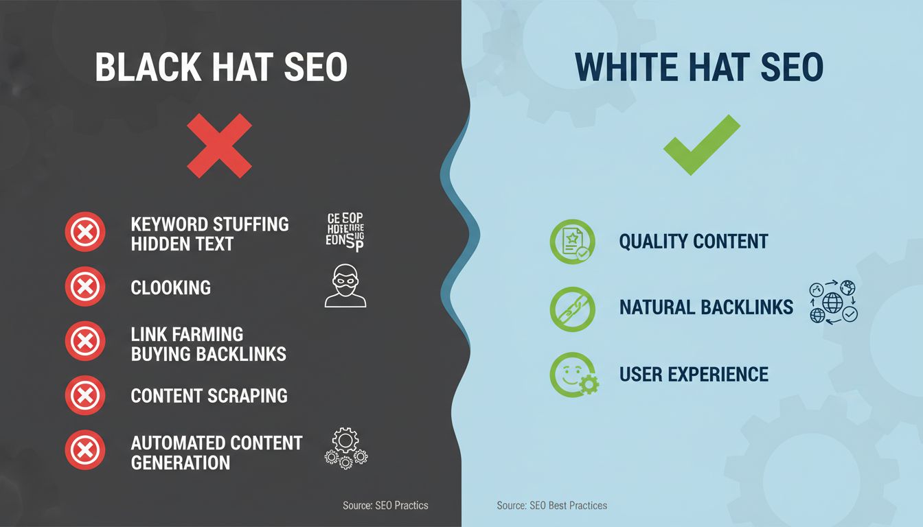 Infographie de comparaison des techniques SEO Black Hat vs White Hat
