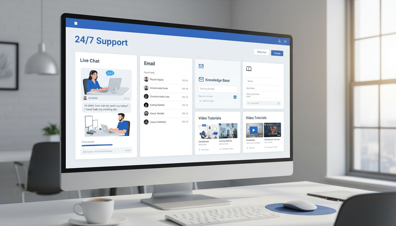 Tableau de bord professionnel de support d'affiliation avec plusieurs canaux de communication incluant chat en direct, email, base de connaissances et tutoriels vidéo