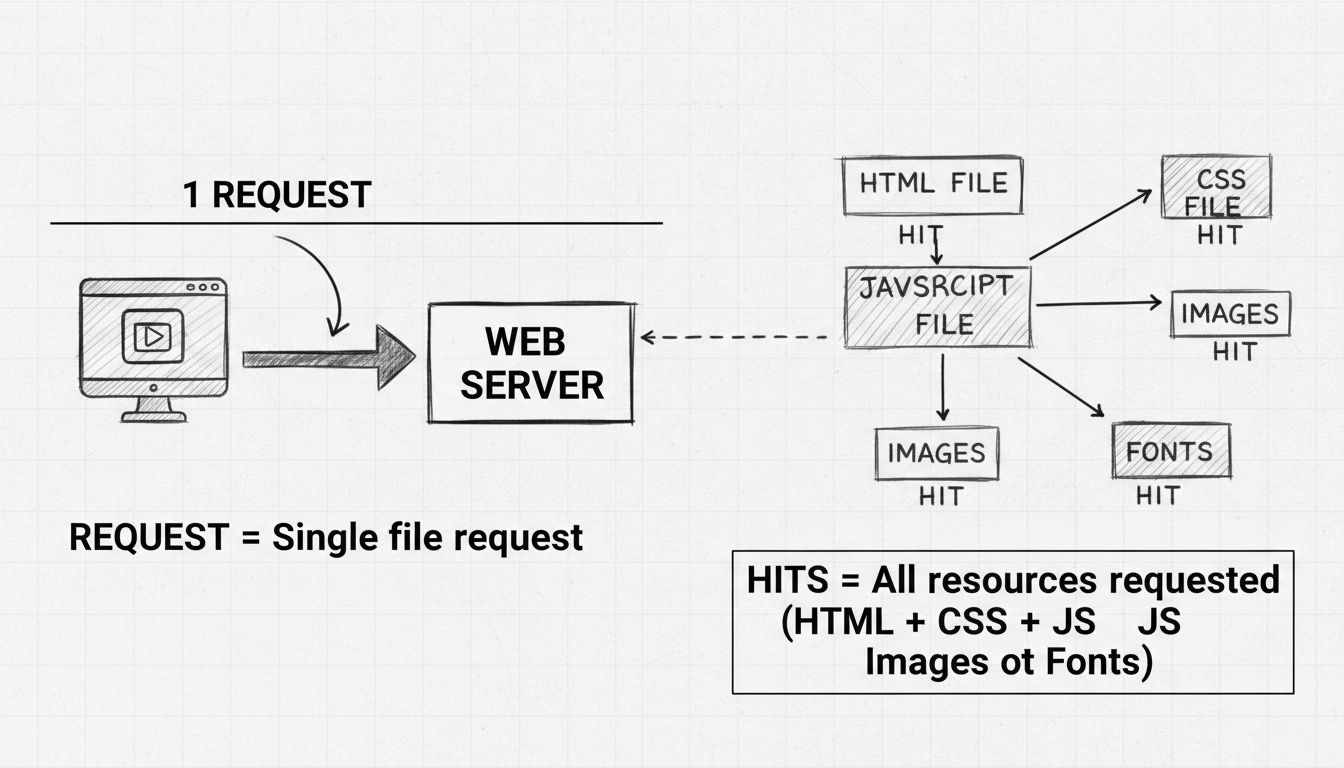 Schéma montrant la différence entre requêtes HTTP et hits, avec une requête unique se décomposant en plusieurs hits pour HTML, CSS, JavaScript, images et polices