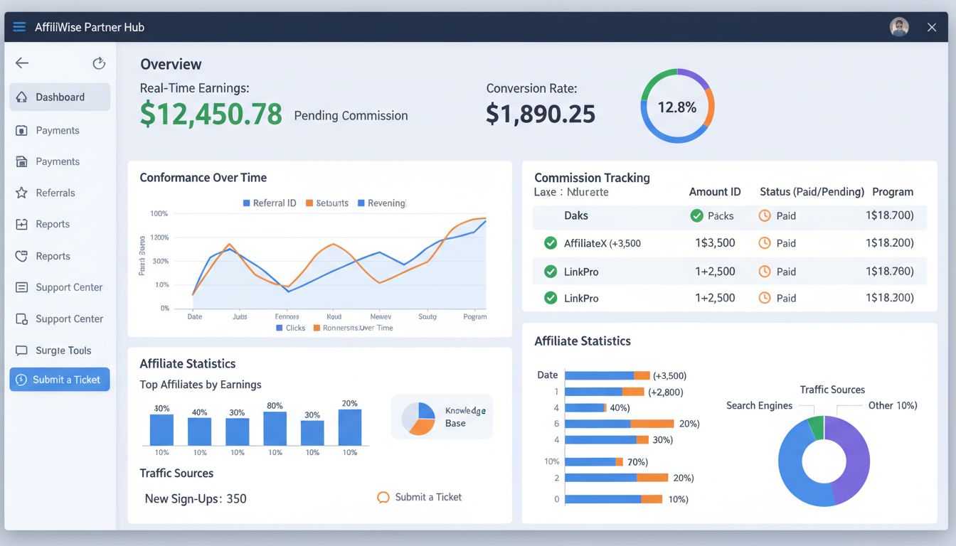 Tableau de bord d’un programme d’affiliation montrant les indicateurs de performance, le suivi des commissions, les gains et les outils d’assistance
