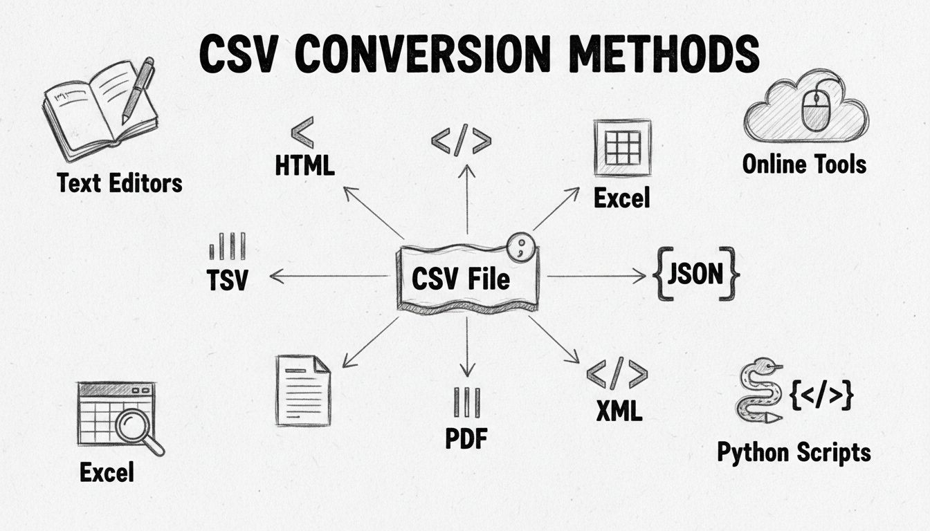 Schéma des méthodes de conversion CSV montrant différents formats de sortie et outils de conversion
