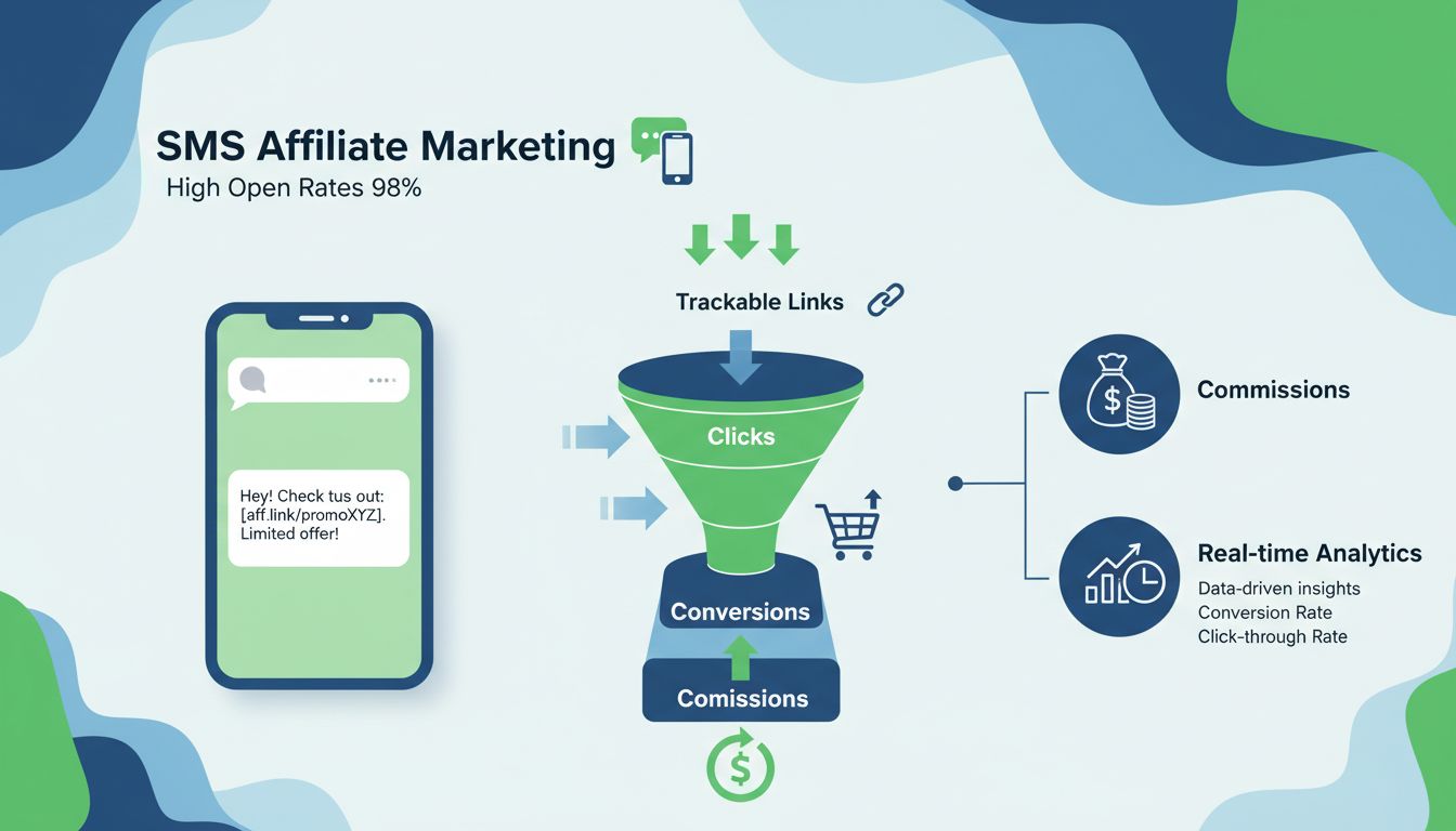 Flux de travail du marketing d'affiliation par SMS montrant un smartphone avec message texte, tunnel de conversion, métriques de suivi et gains de commission