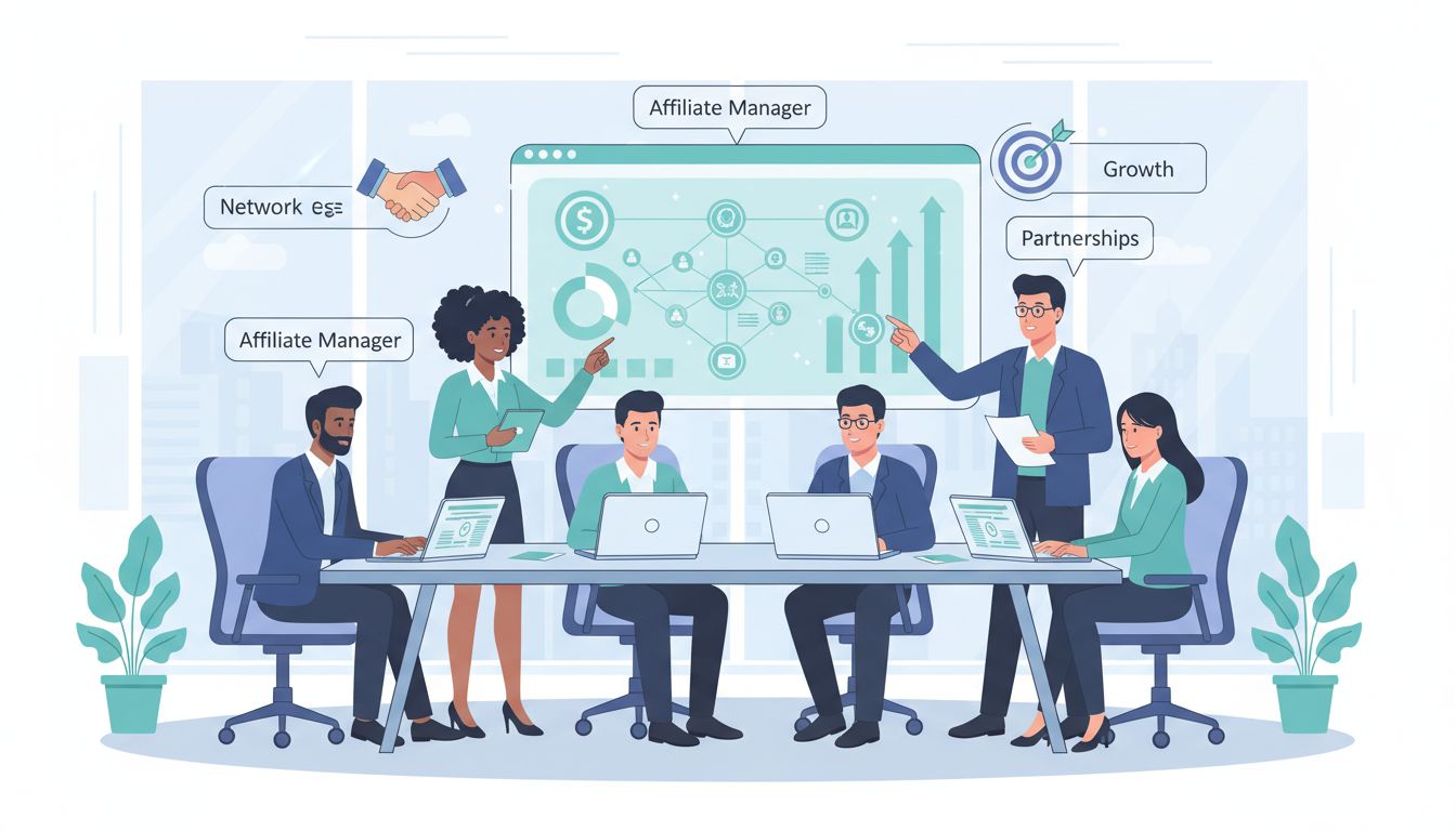 Équipe professionnelle de gestionnaires d’affiliation collaborant autour d’une table avec ordinateurs portables, graphiques et schémas de réseau illustrant les stratégies de partenariat et la croissance