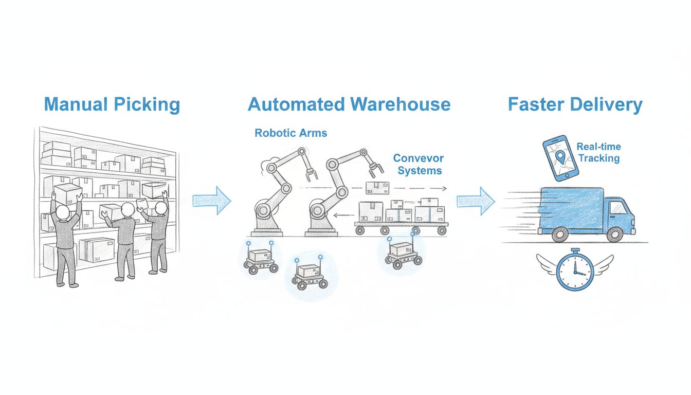 Schéma du flux d'automatisation logistique en e-commerce montrant le prélèvement manuel, les systèmes d'entrepôt automatisé avec robots et convoyeurs, et des résultats de livraison plus rapides