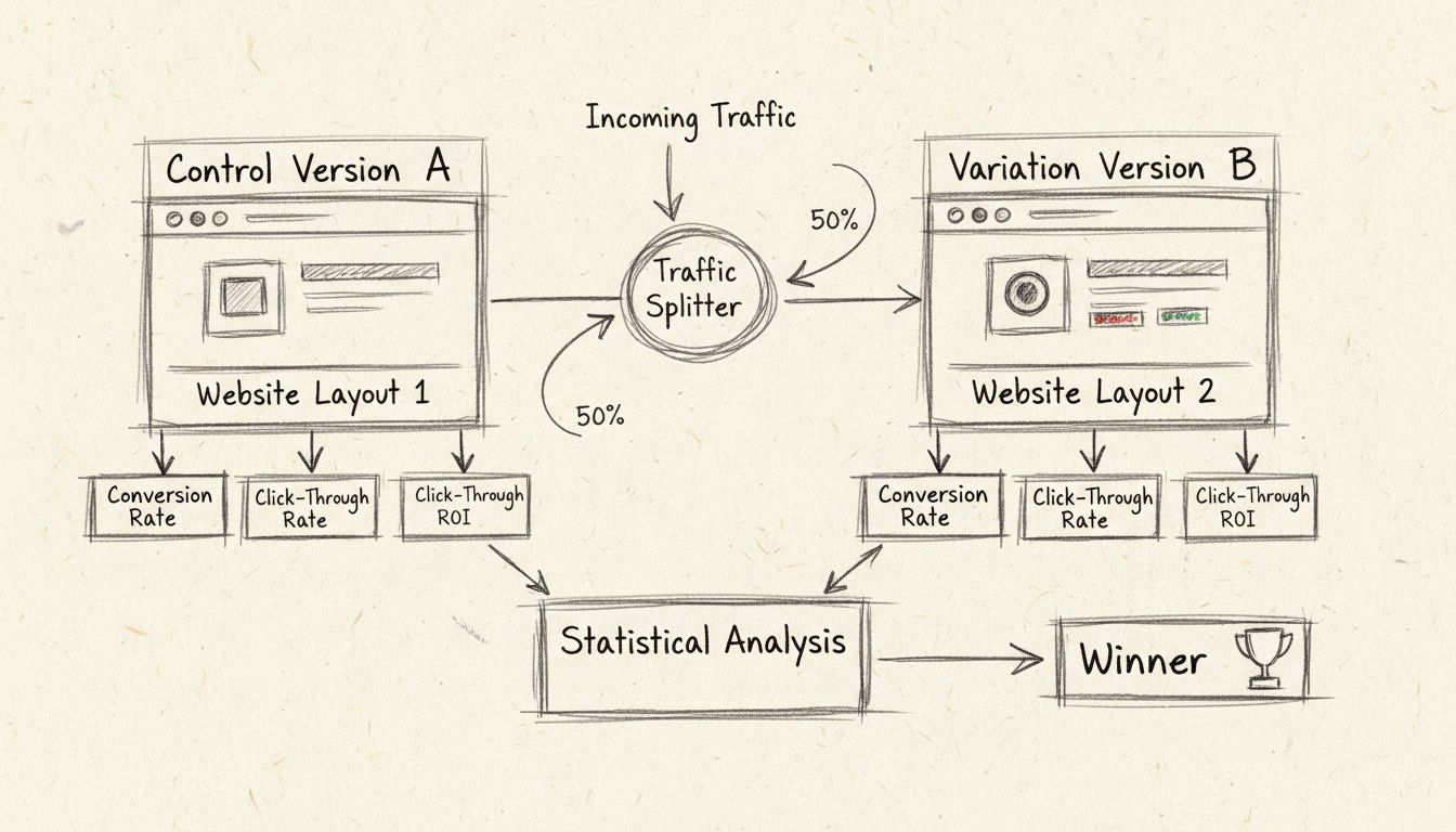 Diagramme dessiné à la main montrant un test A/B avec Version Contrôle A et Version Variation B, visualisation du partage de trafic et analyse des métriques