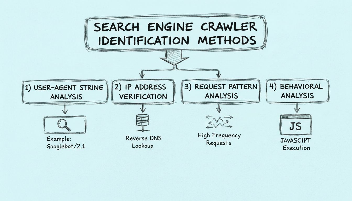 Schéma dessiné à la main montrant quatre méthodes pour identifier les robots des moteurs de recherche : analyse de la chaîne User-Agent, vérification de l’adresse IP, analyse du schéma de requêtes et analyse comportementale