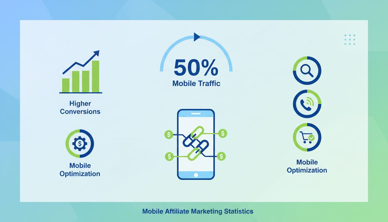 Statistiques du marketing d'affiliation mobile montrant une part de trafic de 50 % et des métriques de conversion