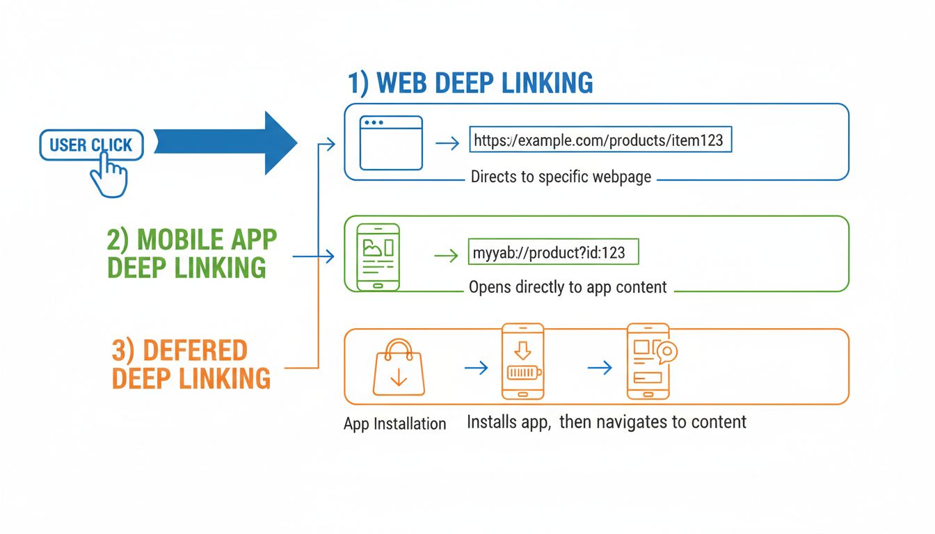 Diagramme des types de deep linking montrant les workflows de deep linking web, deep linking d'application mobile et deep linking différé