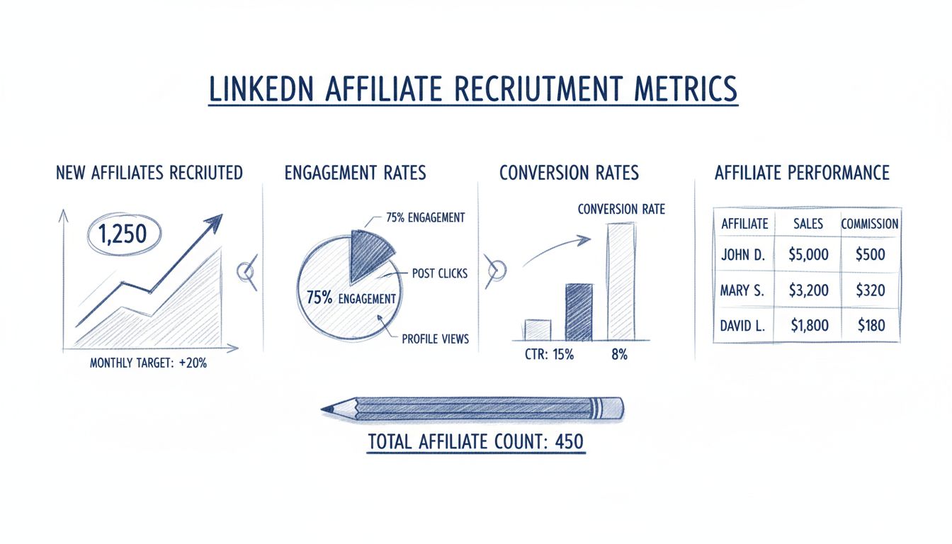 Tableau de bord des indicateurs de recrutement d'affiliés LinkedIn montrant les nouveaux affiliés recrutés, les taux d'engagement, les taux de conversion et les indicateurs de performance des affiliés