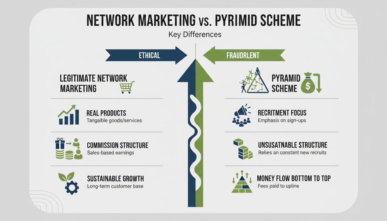 Diagramme comparatif illustrant les différences entre marketing de réseau et systèmes pyramidaux avec hiérarchie visuelle et design professionnel d’infographie