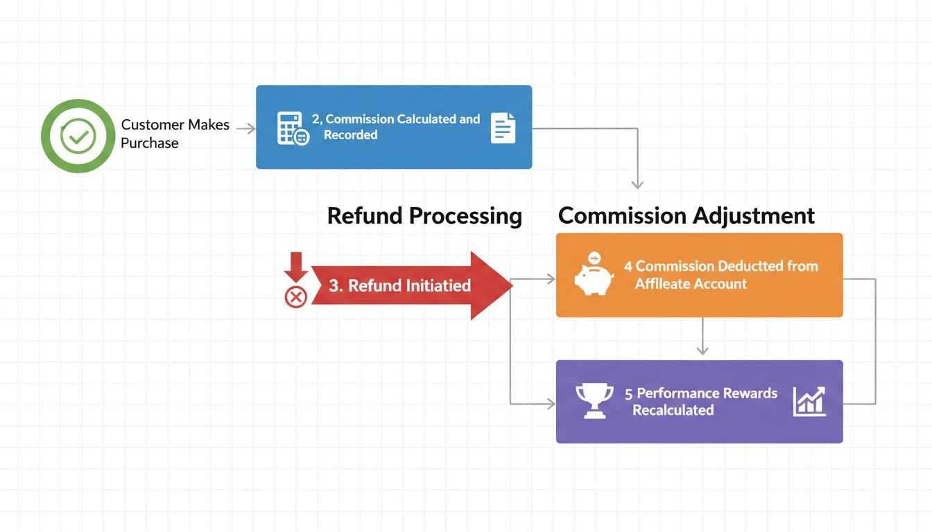 Schéma du suivi des commissions et du traitement des remboursements montrant l’achat, le calcul des commissions, le traitement des remboursements et le recalcul des récompenses de performance