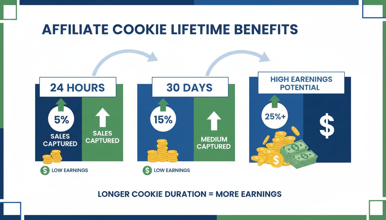 Comparaison des bénéfices selon la durée de vie des cookies : 24 heures, 30 jours et 90 jours, visualisant les taux de capture des ventes et le potentiel de gain affilié