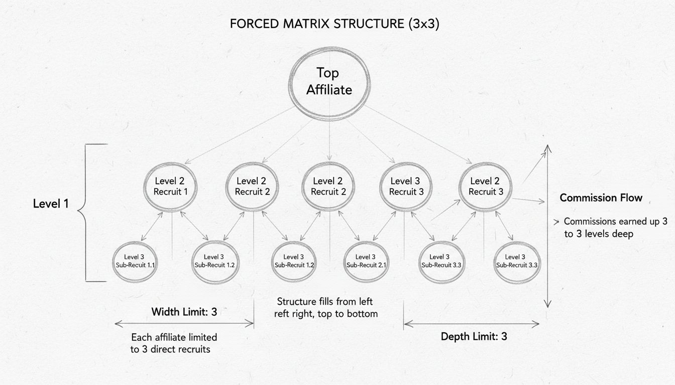 Schéma de matrice forcée 3x3 illustrant les limitations de largeur et de profondeur avec le flux de commission