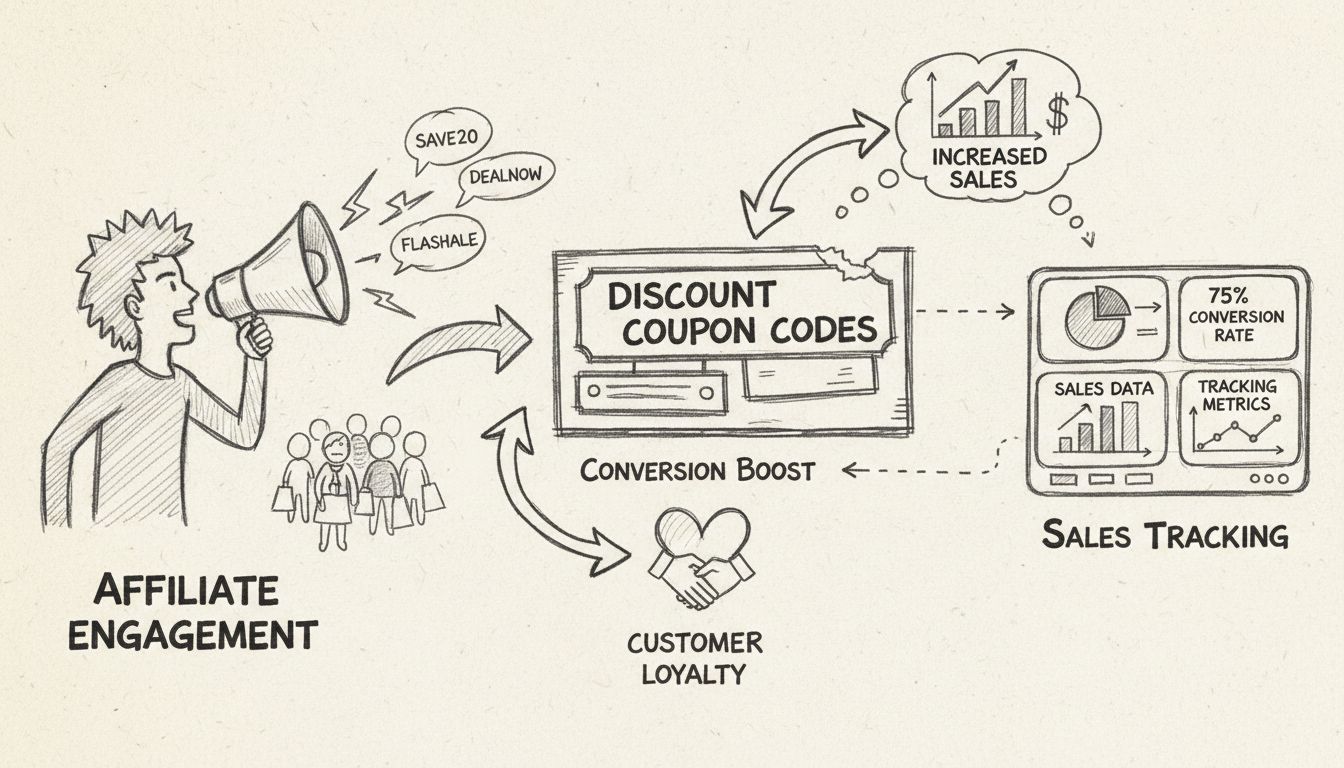 Schéma dessiné à la main illustrant les avantages des coupons affiliés : engagement, augmentation des conversions, suivi des ventes et fidélisation client