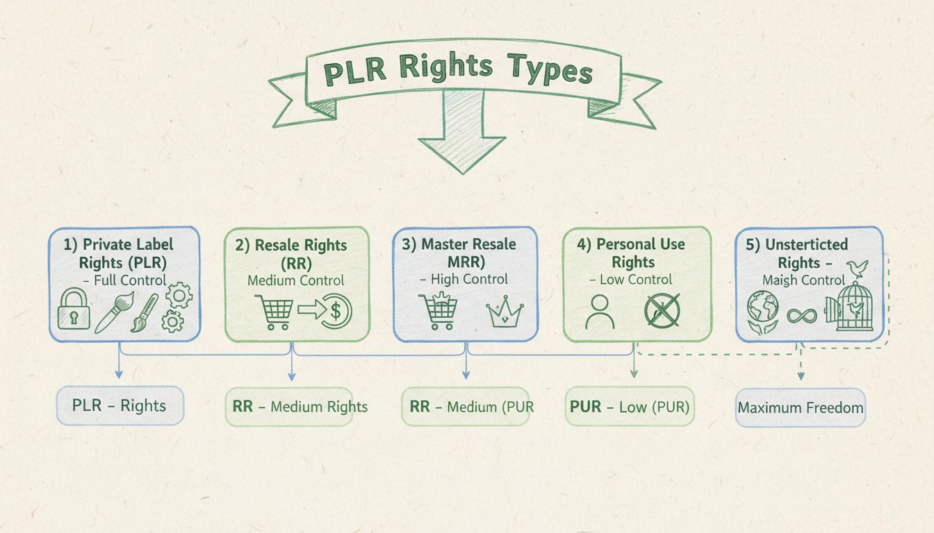 Diagramme montrant les 5 types de droits PLR avec leurs niveaux de contrôle et de libertés