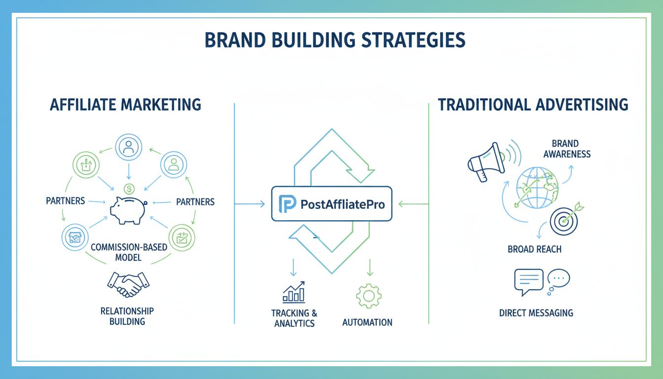 Diagramme comparatif du marketing d'affiliation vs la publicité pour la construction de marque montrant les partenariats réseau, les modèles de commission et les stratégies de notoriété de marque