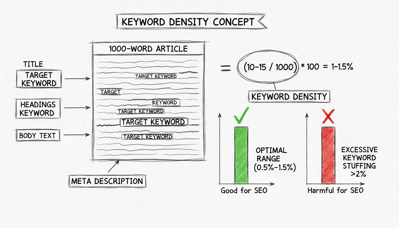 Diagramme de densité de mots-clés montrant la plage optimale de 0,5%-1,5% avec exemple de calcul et placement des mots-clés dans la structure d’un article