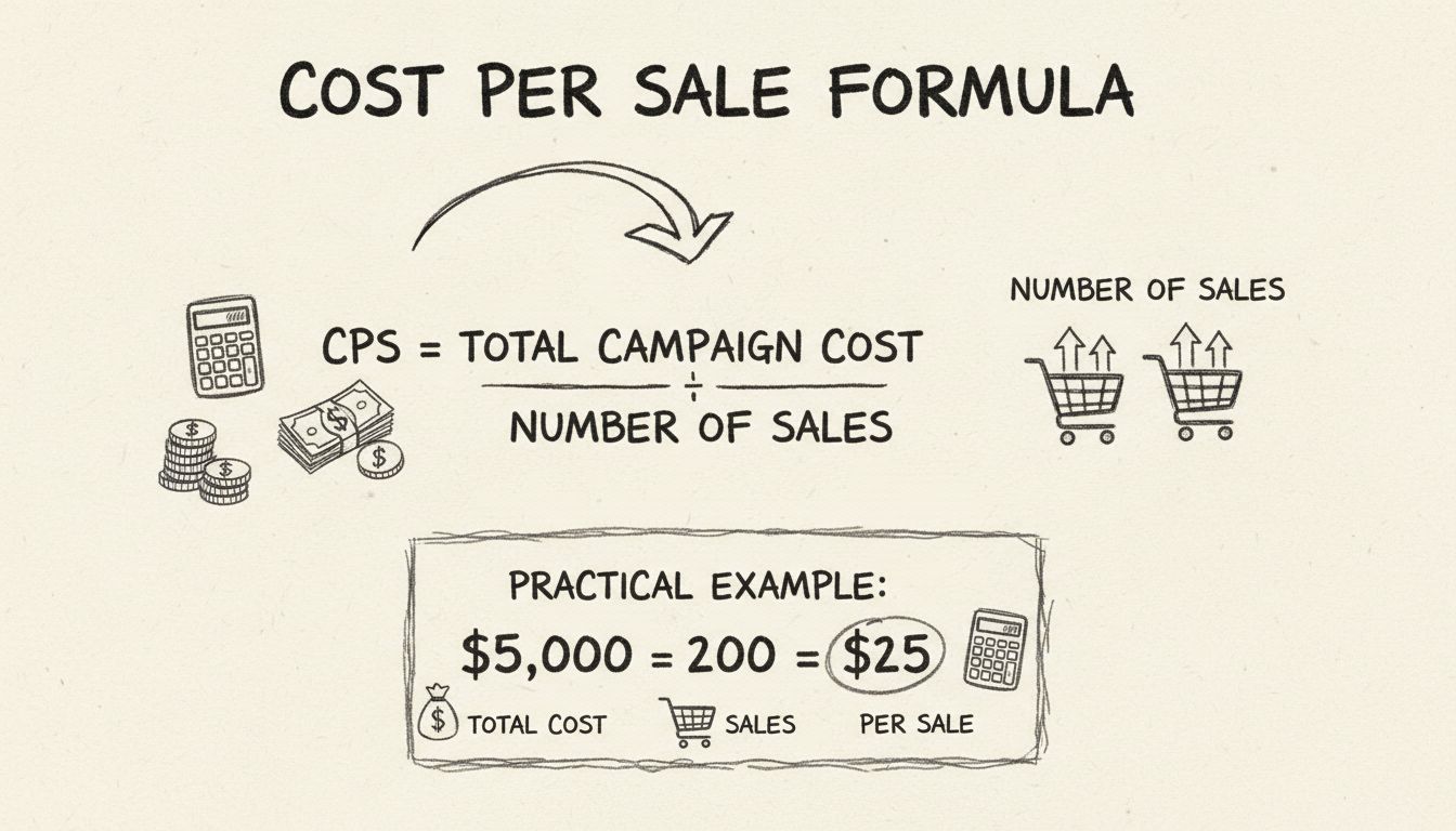 Diagramme de la formule de calcul du coût par vente illustrant le CPS comme coût total de la campagne divisé par le nombre de ventes avec un exemple de calcul