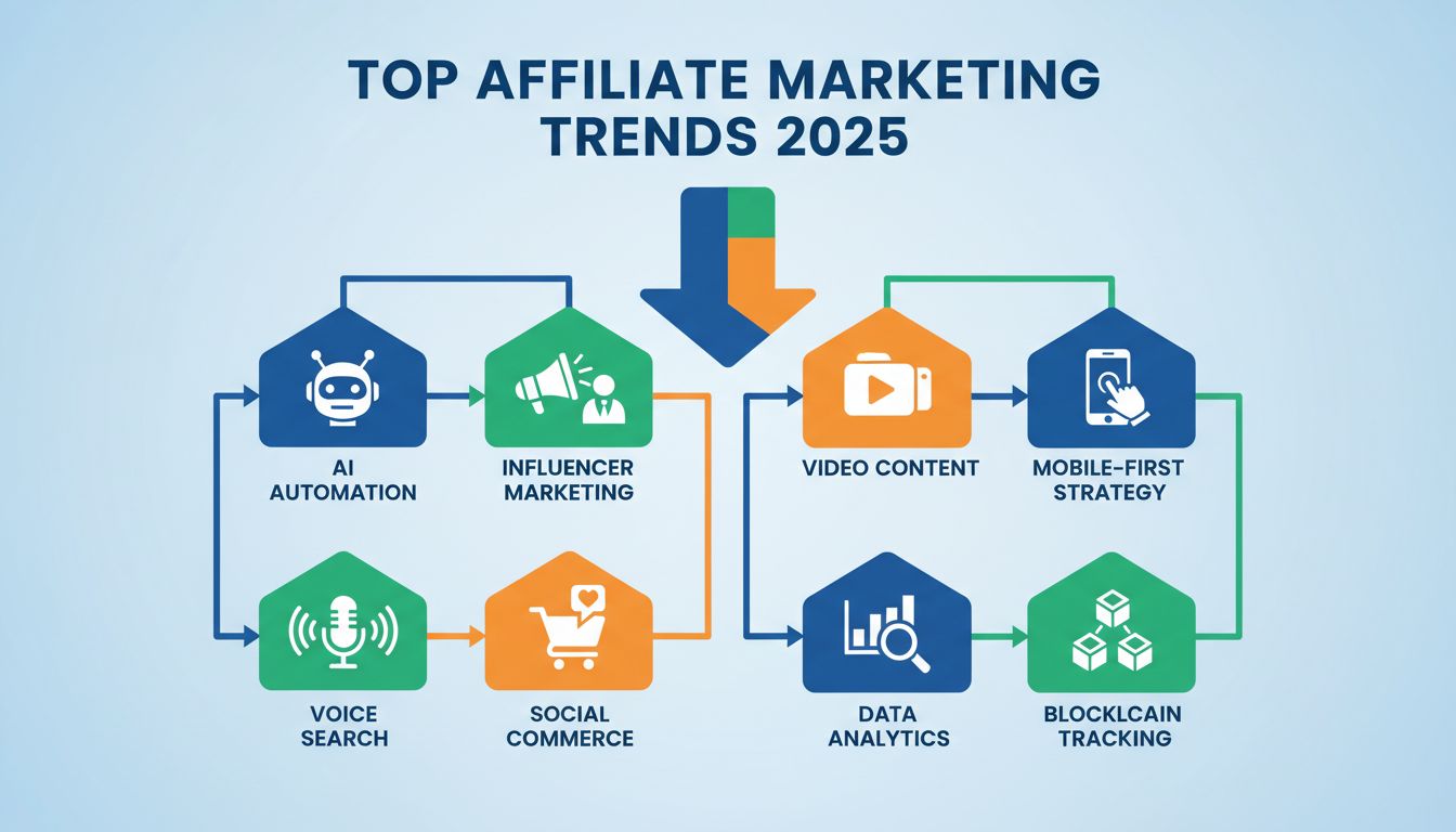Infographie des tendances du marketing d'affiliation 2025 montrant l'automatisation IA, le marketing d'influence, le contenu vidéo, la stratégie mobile-first, la recherche vocale, le social commerce, l'analyse des données et la blockchain