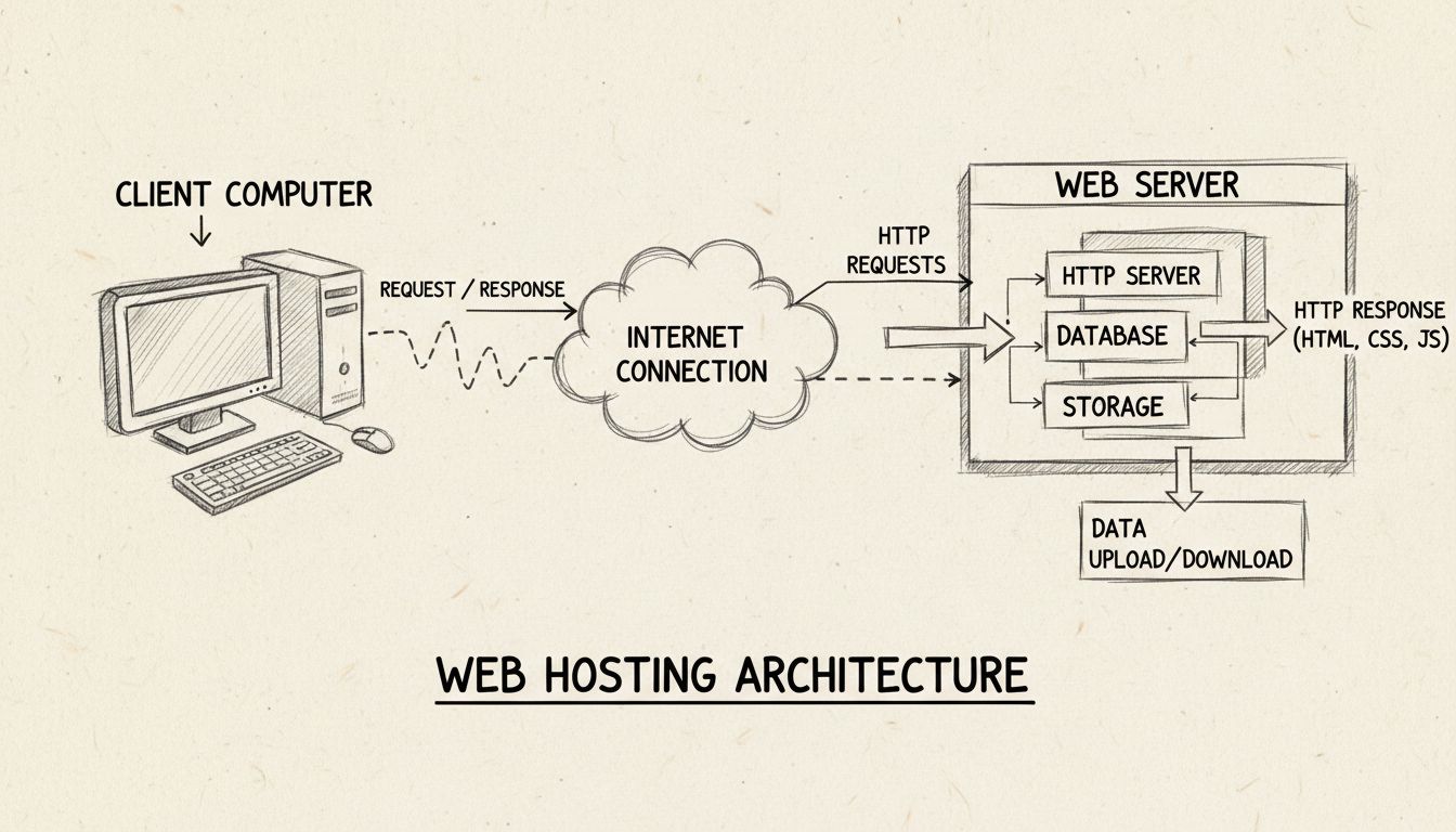 Schéma d’architecture d’hébergement web montrant un ordinateur client, la connexion Internet, et un serveur web avec des composants de stockage et de base de données