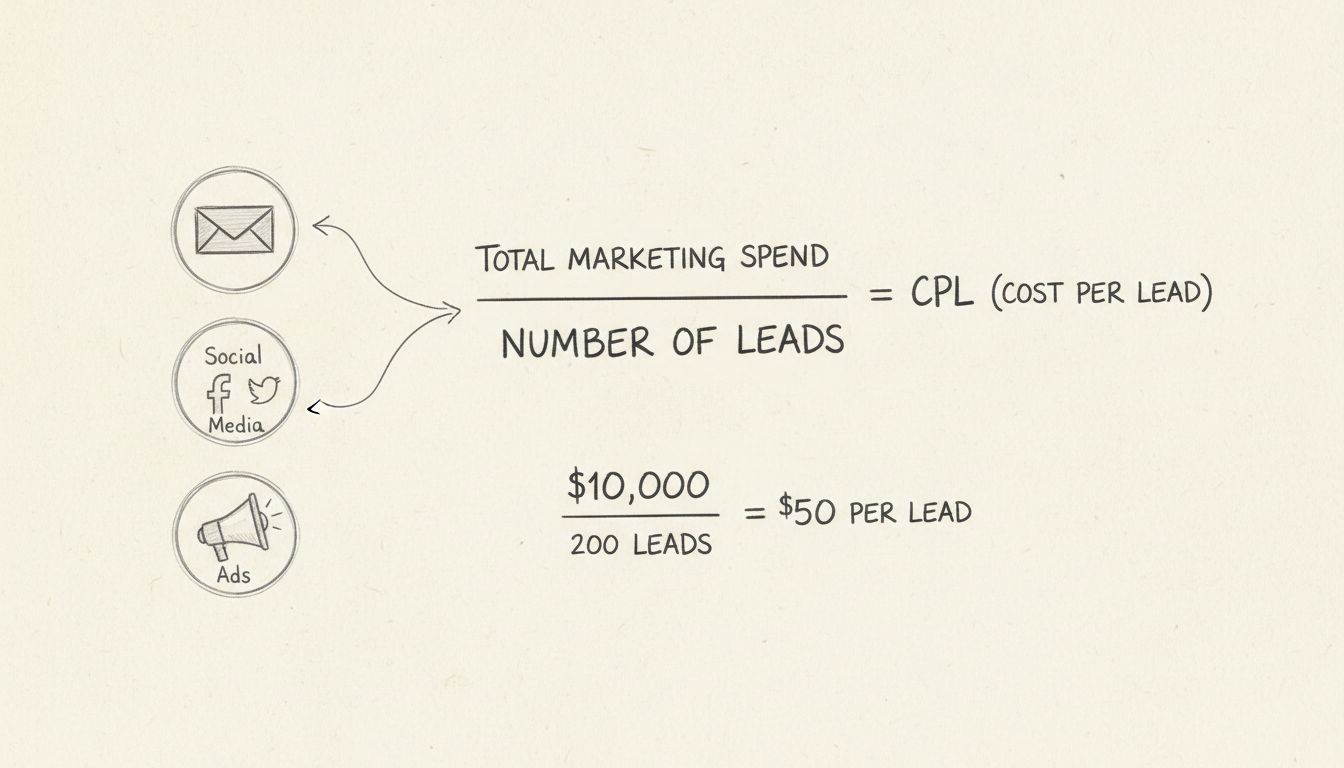 Schéma de la formule de calcul du coût par lead montrant le budget marketing total divisé par le nombre de leads