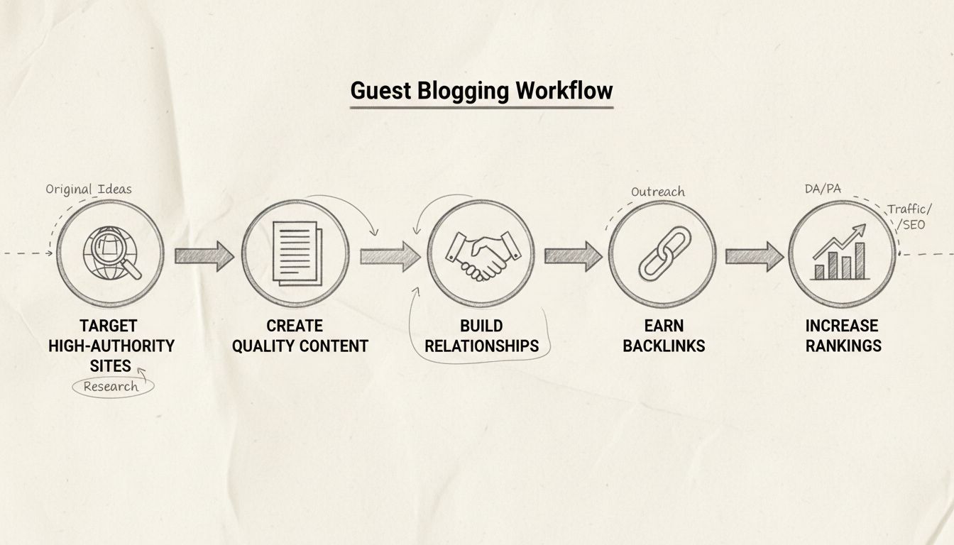 Flux de stratégie de guest blogging illustrant cinq étapes : Cibler des sites à forte autorité, Créer du contenu de qualité, Construire des relations, Obtenir des backlinks et Augmenter les classements avec des flèches de connexion