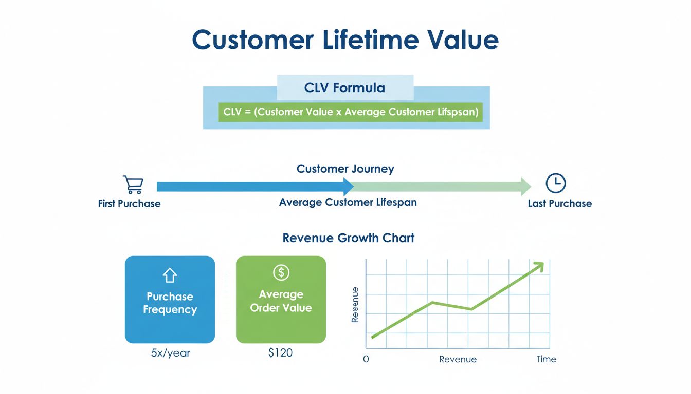 Formule et indicateurs de calcul de la valeur vie client, infographie présentant la formule CLV, la chronologie du parcours client et les indicateurs clés de performance