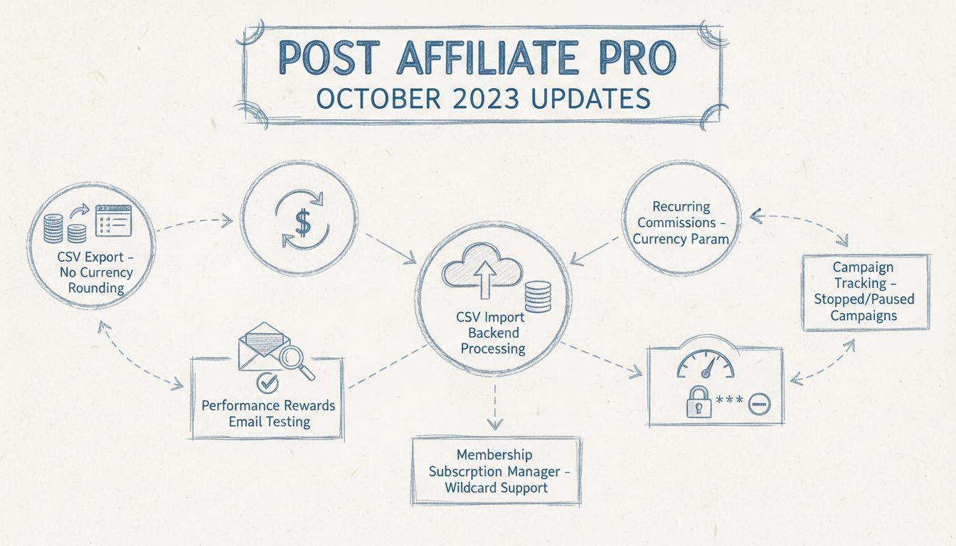 Schéma des mises à jour Post Affiliate Pro octobre 2023 montrant l’export CSV, les Performance Rewards, les commissions récurrentes, les images de profil et les fonctionnalités de suivi de campagnes