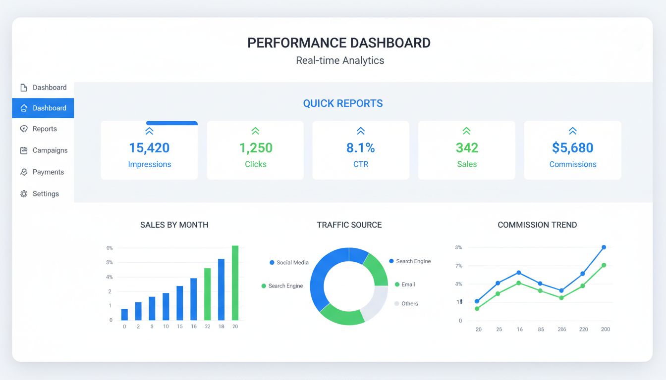Tableau de bord Rapports rapides affichant des analyses en temps réel avec impressions, clics, TCR, ventes et commissions
