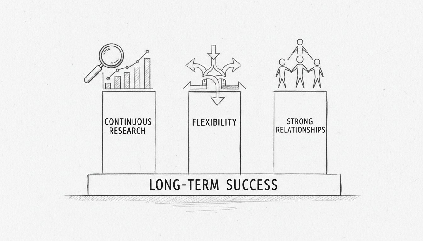 Les trois piliers du succès en marketing d’affiliation : Recherche continue, flexibilité et relations solides soutenant la réussite à long terme