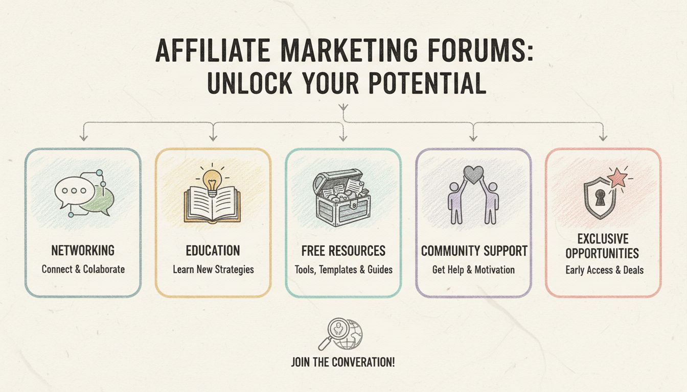 Infographie présentant les avantages des forums de marketing d'affiliation : réseautage, éducation, ressources, soutien communautaire et opportunités exclusives