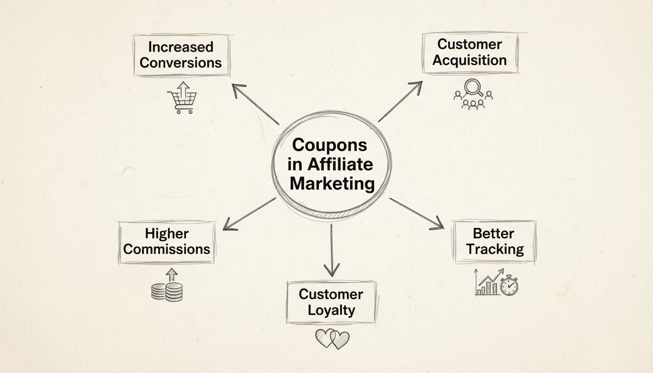 Avantages des coupons dans le marketing d'affiliation : augmentation des conversions, acquisition client, commissions plus élevées, meilleur suivi et fidélisation