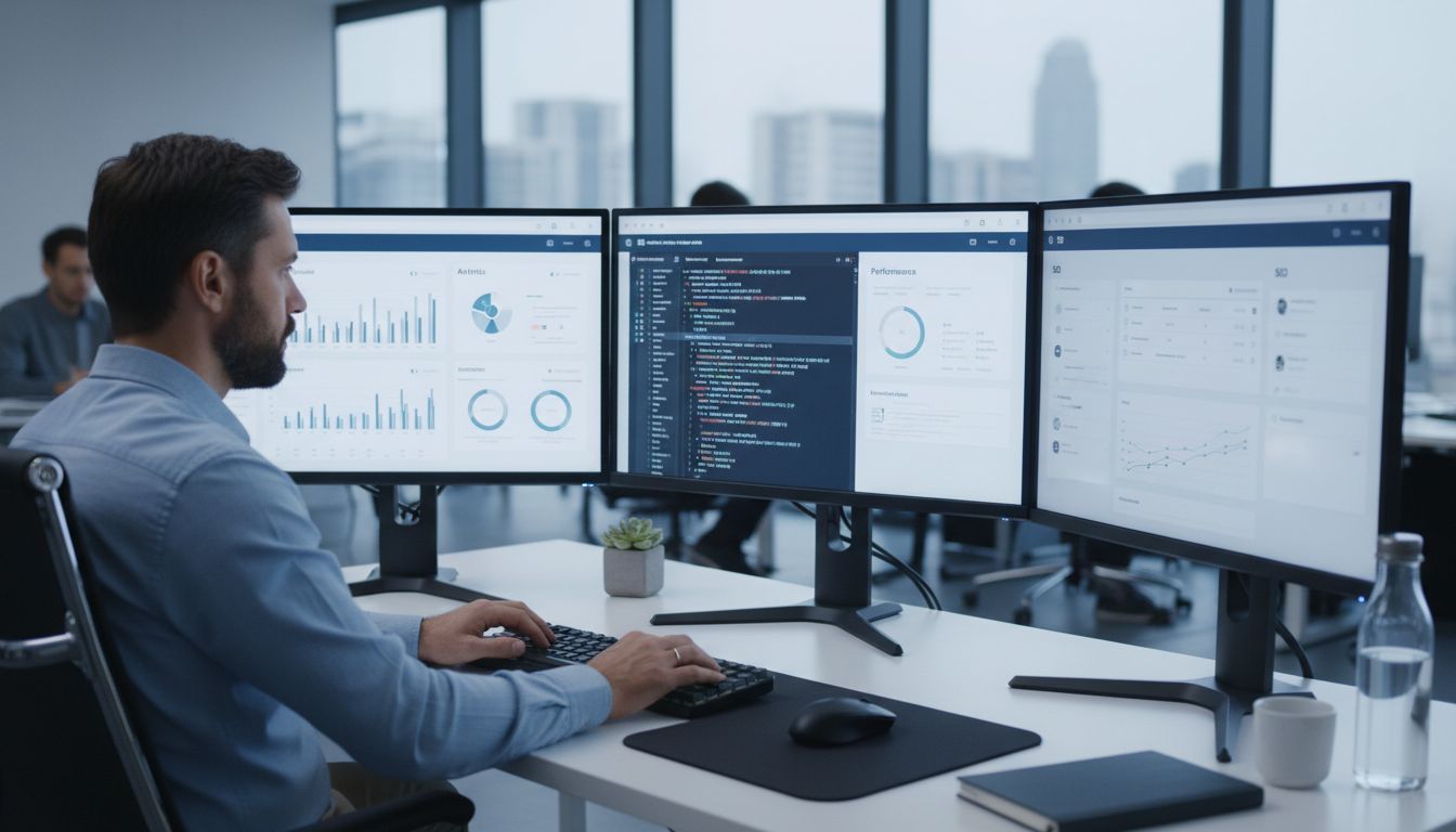 Webmaster professionnel travaillant à son bureau avec plusieurs écrans montrant des analyses de site, un éditeur de code et un tableau de bord SEO