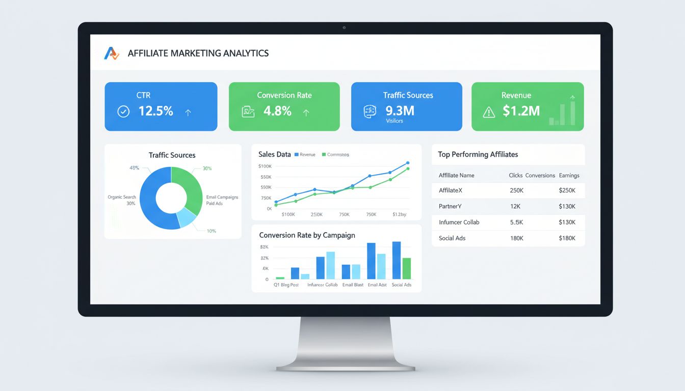 Tableau de bord des analyses du marketing d'affiliation montrant taux de conversion, CTR, sources de trafic et indicateurs de revenus