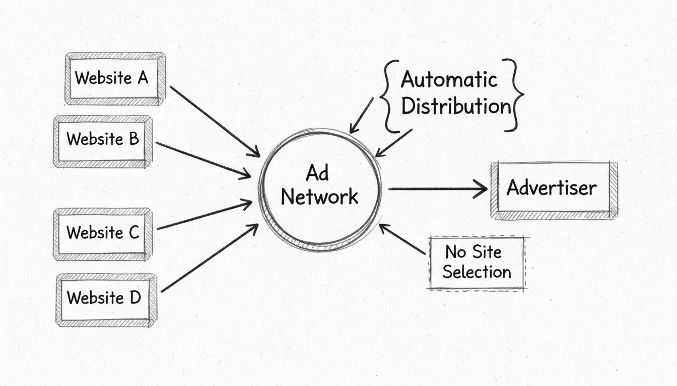 Schéma Run of Network montrant un annonceur se connectant au réseau publicitaire qui distribue les annonces sur plusieurs sites web