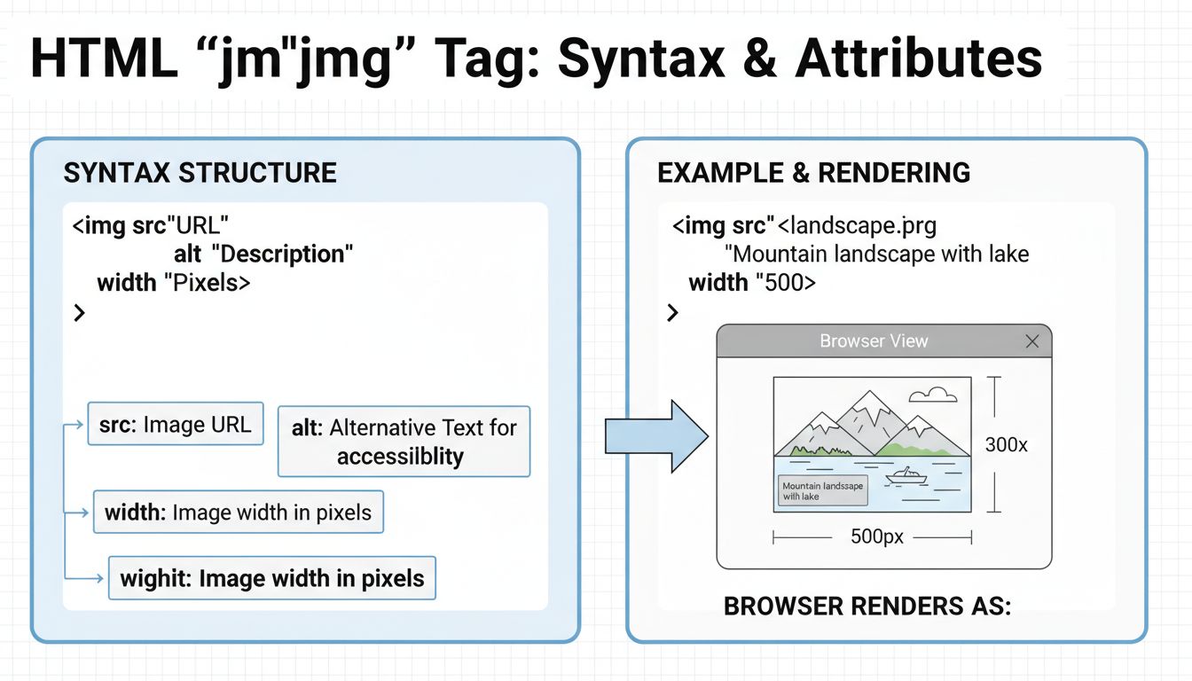 Schéma de la syntaxe de la balise img HTML montrant les attributs src, alt, width et height avec des exemples de code