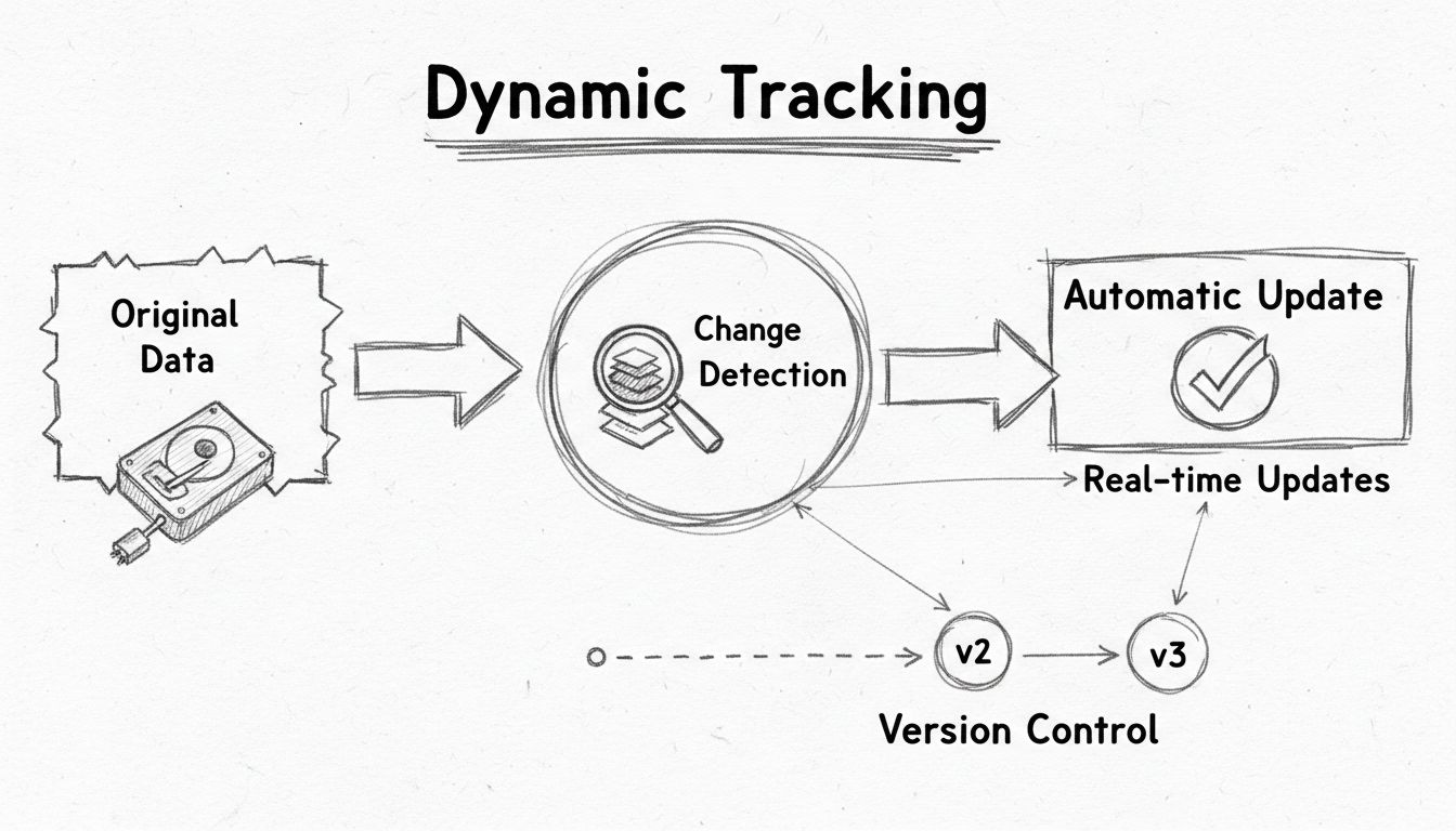 Schéma du workflow de suivi dynamique montrant la source de données, la détection de changements, les mises à jour automatiques et la progression du contrôle de version