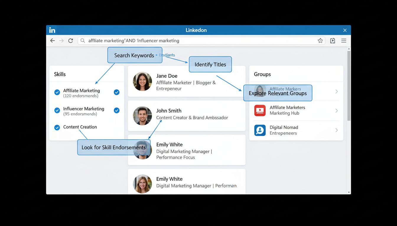 Interface LinkedIn montrant comment rechercher et identifier des affiliés grâce aux recherches par mots-clés, à l’analyse de profil et à l’engagement dans les groupes