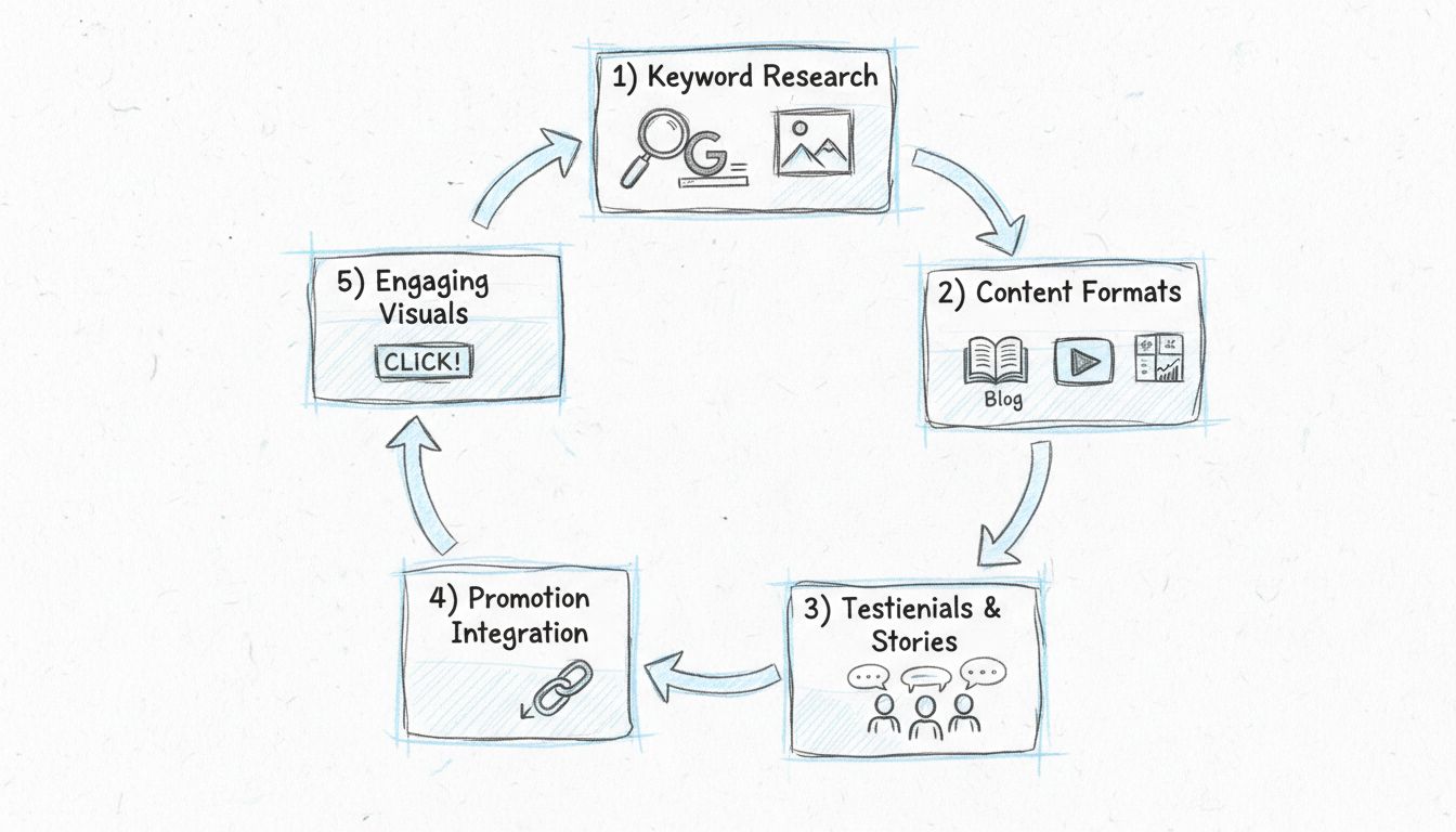 Étapes clés d'une campagne d'affiliation réussie montrant recherche de mots-clés, formats de contenu, témoignages, intégration de la promotion, appels à l'action et visuels engageants dans un diagramme circulaire