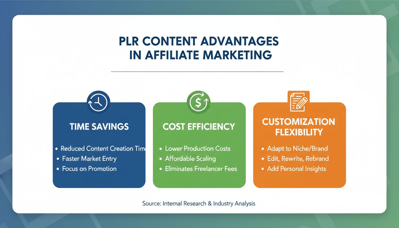 Infographie sur les avantages du contenu PLR montrant le gain de temps, l'efficacité des coûts et la flexibilité de personnalisation pour le marketing d'affiliation